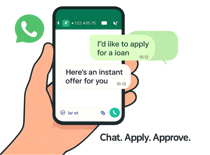 Illustration of a WhatsApp loan application with instant approval response