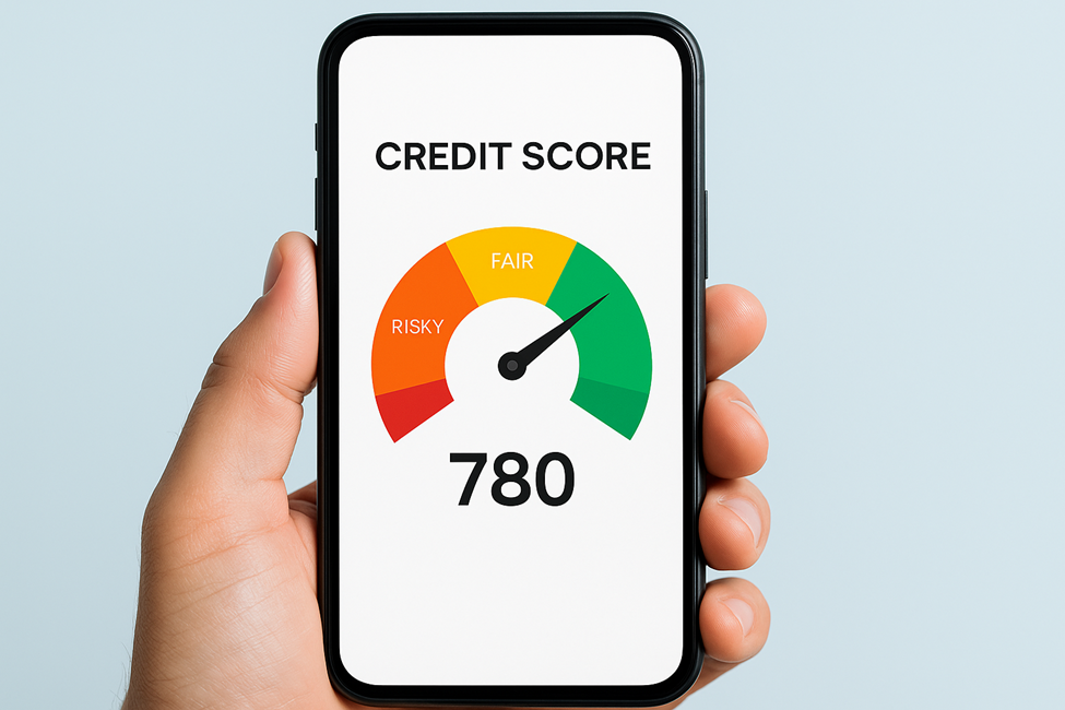 Mobile credit score app with dial pointing to green for good financial health