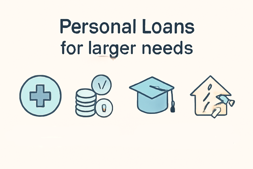 Graphic showing personal loans as ideal for larger needs like medical emergencies, education, debt, and home repairs