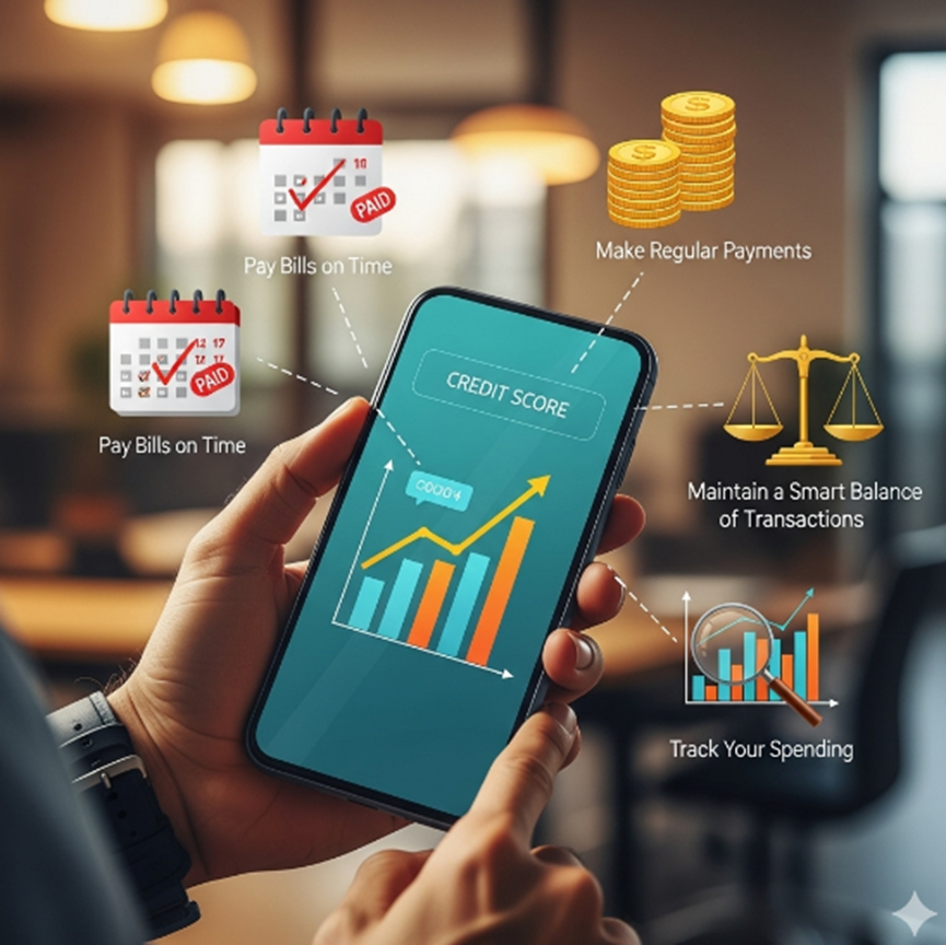 Phone showing credit score with icons for bill payment and spending