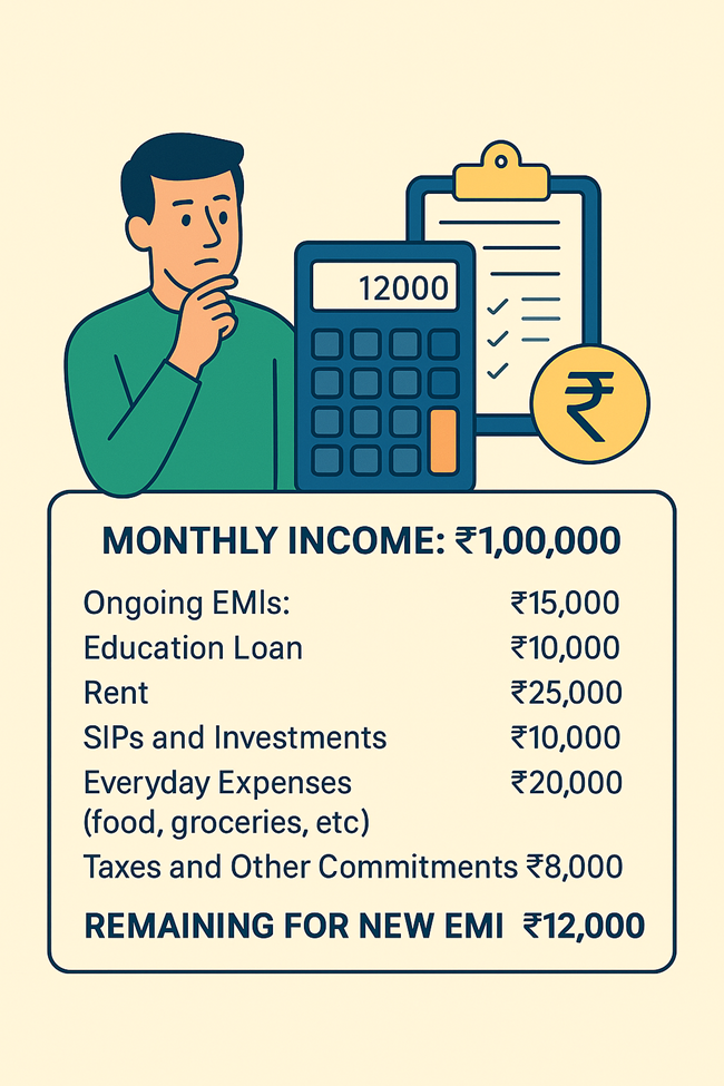 Monthly income and expenses with limited EMI capacity. 