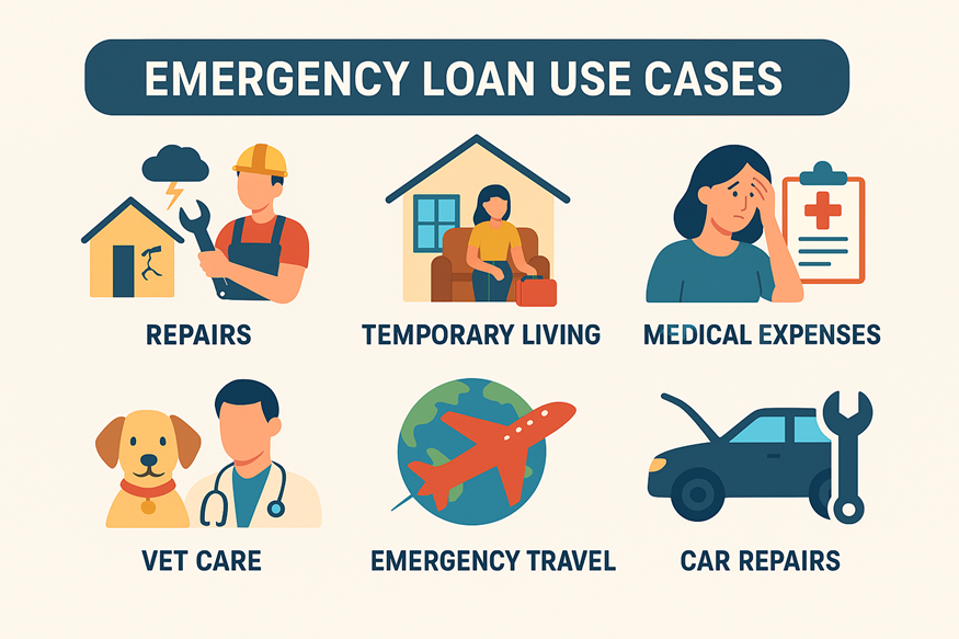Illustrated examples of when to use emergency loans, from housing repairs to urgent medical or travel needs